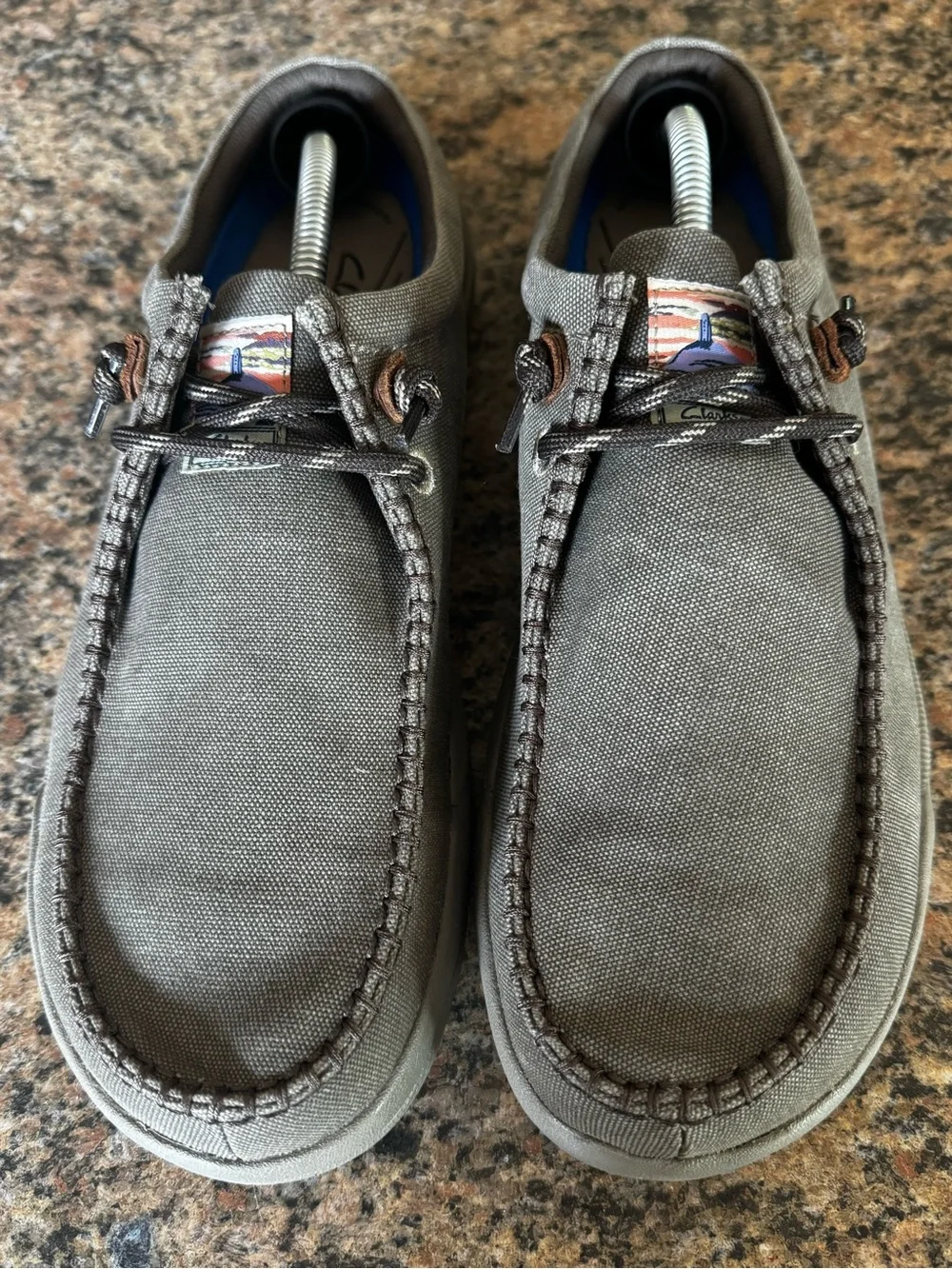 Clarks Men’s Tan Taupe Canvas Size 12 M Driftlite Surf Slip On Boat Shoes Comfy